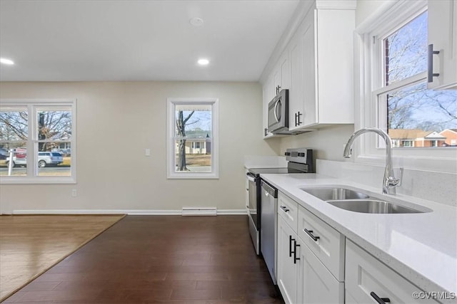 kitchen with sink, white cabinetry, baseboard heating, dark hardwood / wood-style floors, and stainless steel appliances