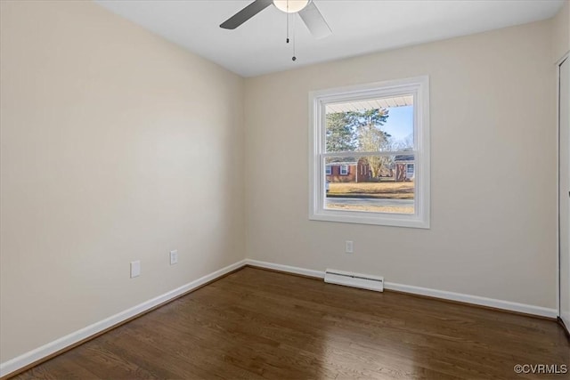 empty room featuring dark wood-type flooring and ceiling fan