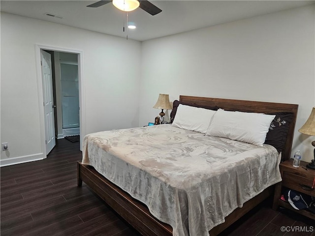 bedroom with baseboards, wood finished floors, visible vents, and recessed lighting