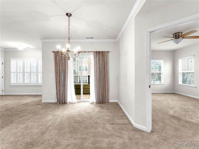 unfurnished dining area with visible vents, baseboards, carpet, and ornamental molding