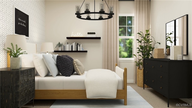 carpeted bedroom with a notable chandelier