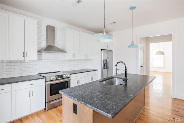 kitchen with stainless steel appliances, backsplash, light wood-style flooring, a sink, and wall chimney exhaust hood