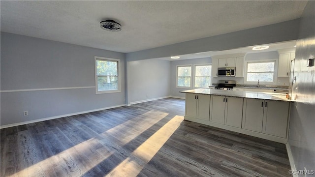 kitchen featuring white cabinetry, dark hardwood / wood-style flooring, light stone counters, stainless steel appliances, and a textured ceiling