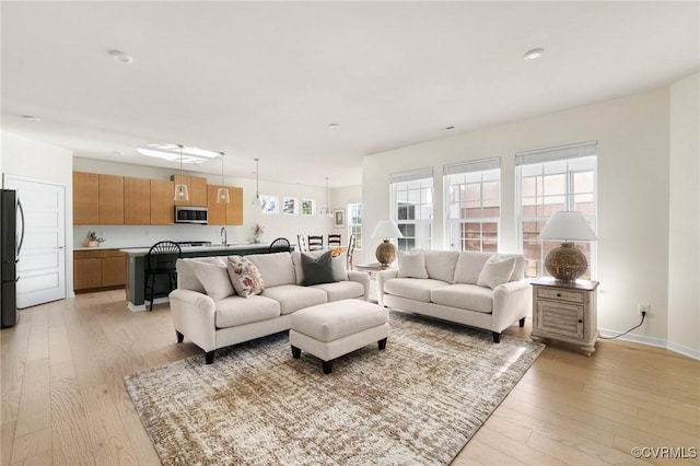 living room with light wood-style flooring and baseboards