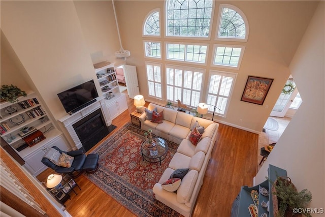 living area featuring a fireplace with flush hearth, a towering ceiling, and wood finished floors