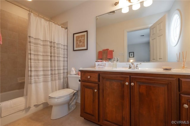 full bath with shower / tub combo, vanity, toilet, and tile patterned floors