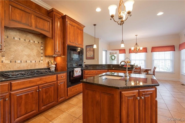 kitchen featuring light tile patterned flooring, backsplash, black appliances, an inviting chandelier, and crown molding