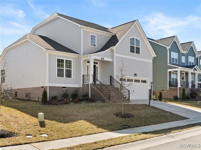 view of front of property featuring driveway, a garage, roof with shingles, crawl space, and a front lawn