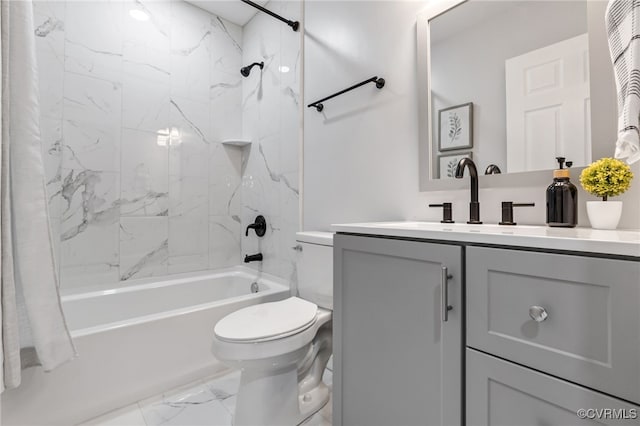 full bathroom featuring vanity, shower / bath combination with curtain, and toilet