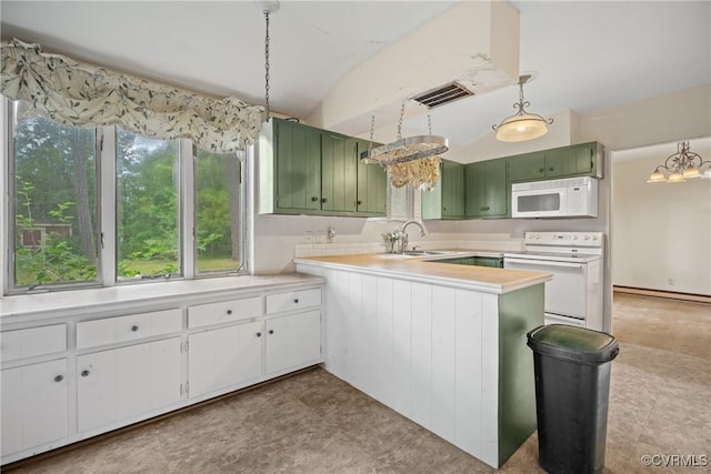 kitchen with white cabinetry, green cabinets, pendant lighting, and white appliances