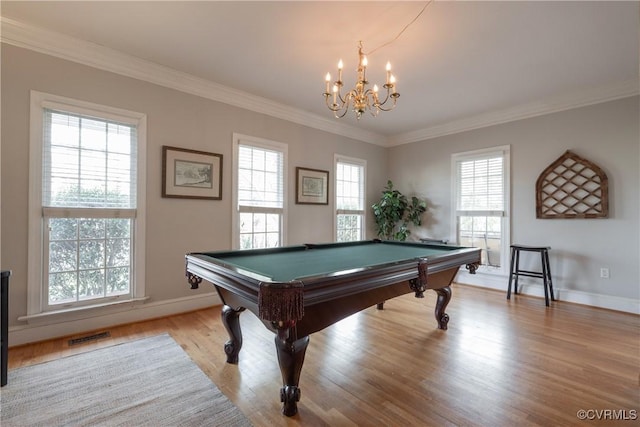 recreation room featuring billiards, baseboards, visible vents, ornamental molding, and light wood-style floors