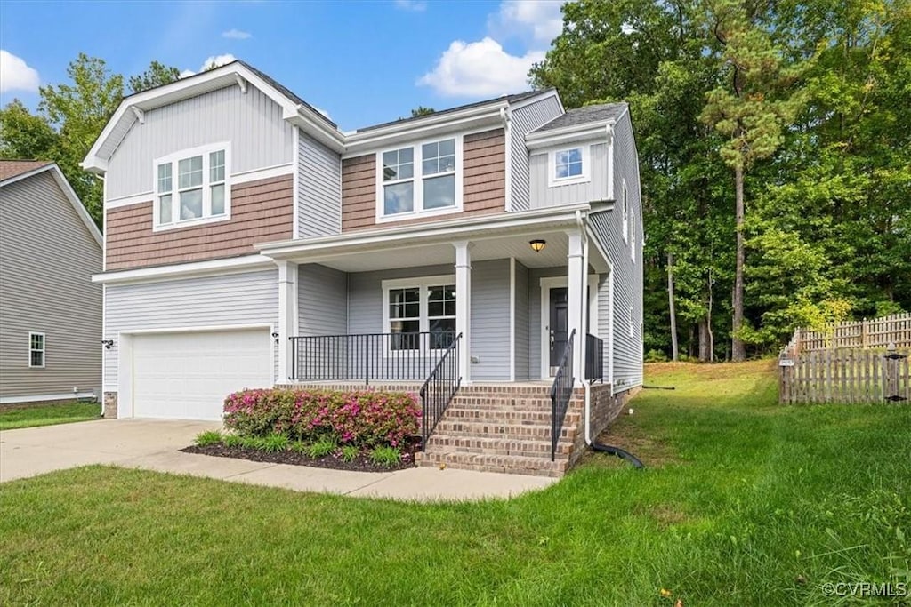 view of front of property featuring an attached garage, covered porch, fence, concrete driveway, and a front lawn