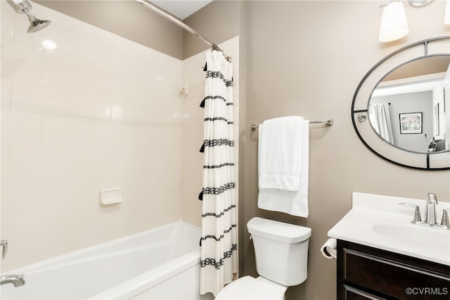 full bathroom with vanity, toilet, and shower / bathtub combination with curtain