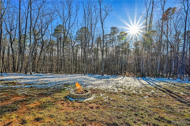 view of yard with a fire pit and a forest view