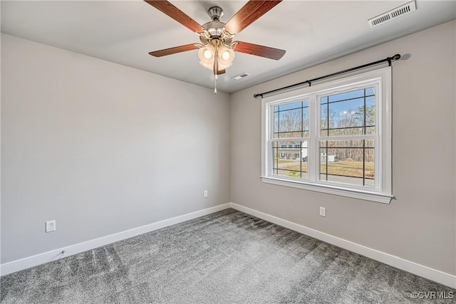 empty room featuring visible vents, baseboards, and carpet