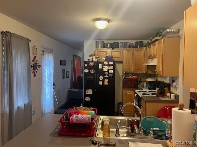 kitchen with under cabinet range hood, white range with electric stovetop, black refrigerator with ice dispenser, and a sink