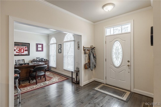 foyer featuring ornamental molding, a wealth of natural light, baseboards, and dark wood-style floors