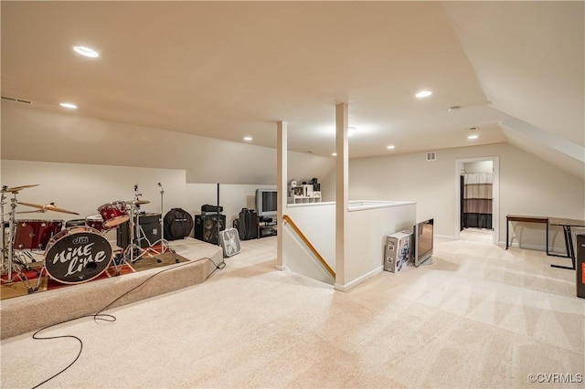 bonus room featuring lofted ceiling, recessed lighting, baseboards, and light colored carpet