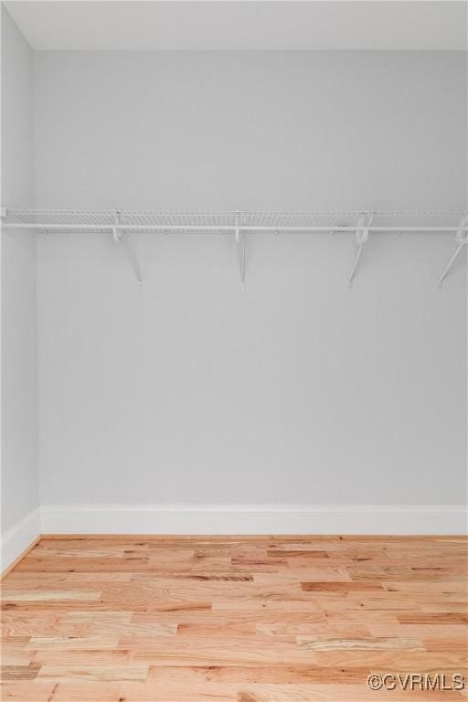 walk in closet with light wood finished floors