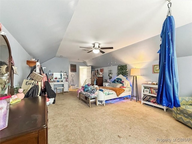 carpeted bedroom featuring lofted ceiling and ceiling fan