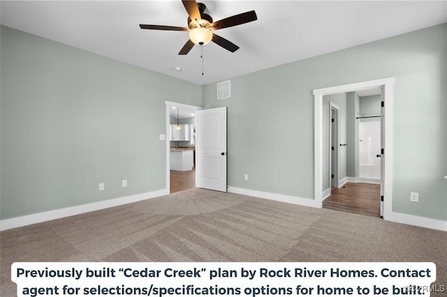 unfurnished bedroom featuring carpet floors, visible vents, and baseboards