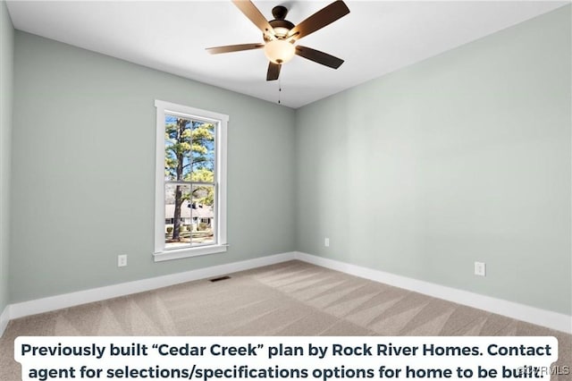 spare room featuring a ceiling fan, visible vents, light carpet, and baseboards