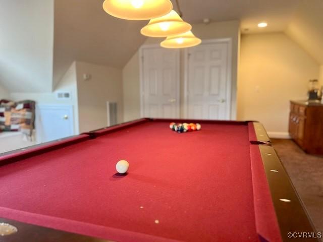 game room with lofted ceiling, billiards, and carpet