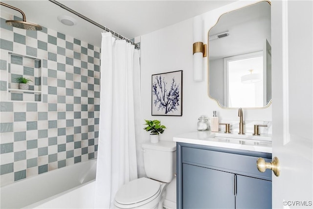 full bathroom with toilet, shower / bath combo, visible vents, and vanity