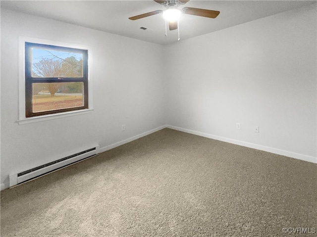 carpeted spare room with baseboard heating and ceiling fan