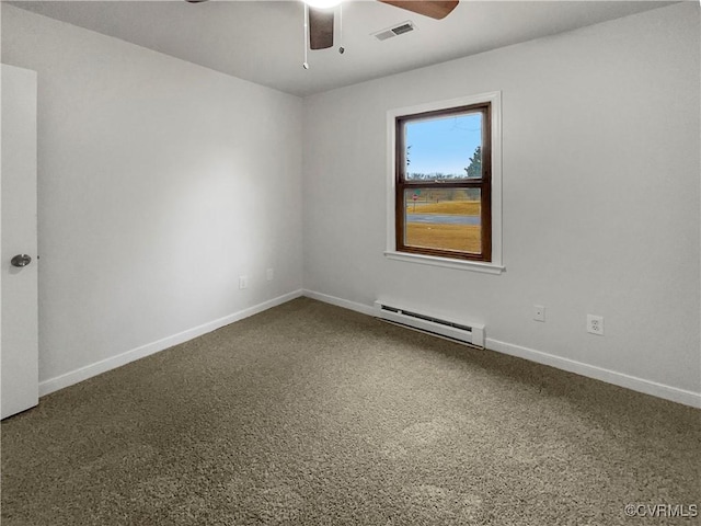 carpeted empty room featuring ceiling fan and baseboard heating