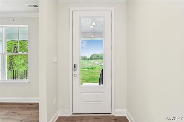 2700 Maidens Rd, Powhatan, VA 23139 - entryway featuring baseboards, crown molding, wood finished floors, and visible vents