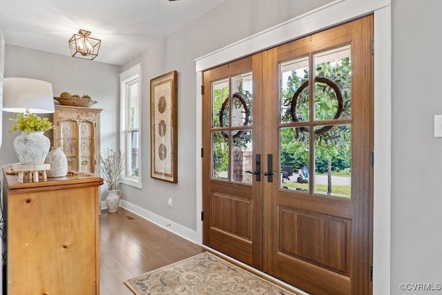 foyer entrance featuring baseboards, french doors, wood finished floors, and a healthy amount of sunlight