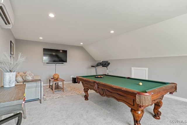 game room featuring billiards, lofted ceiling, an AC wall unit, carpet flooring, and recessed lighting