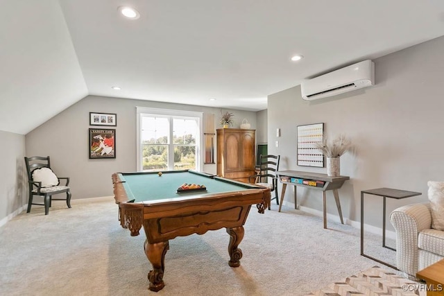 rec room featuring light carpet, baseboards, an AC wall unit, and recessed lighting