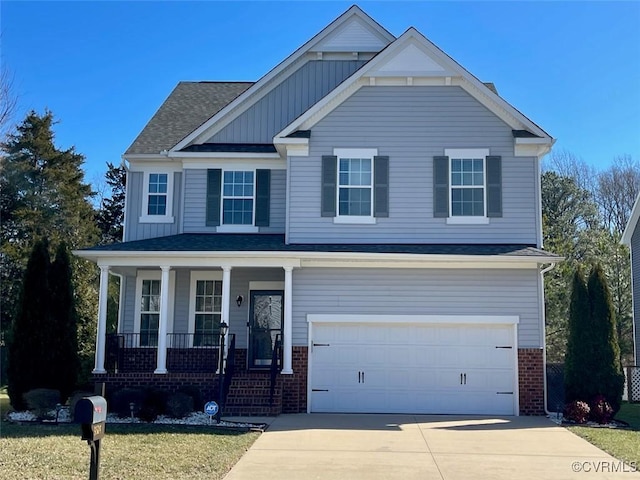 view of front of home featuring a porch, a garage, brick siding, concrete driveway, and board and batten siding