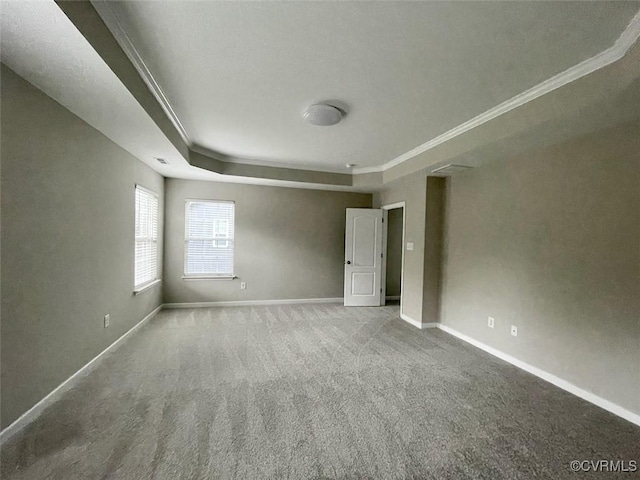 spare room with visible vents, baseboards, ornamental molding, carpet, and a raised ceiling