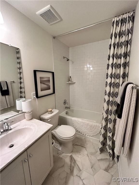 bathroom with visible vents, toilet, marble finish floor, shower / bathtub combination with curtain, and vanity