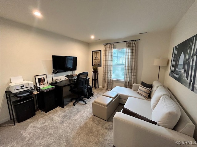 office area featuring light carpet, visible vents, and recessed lighting