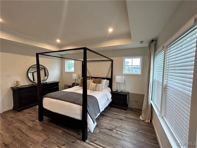 bedroom featuring a raised ceiling, multiple windows, visible vents, and wood finished floors