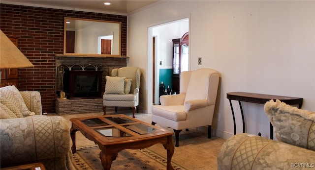 carpeted living area featuring a glass covered fireplace and crown molding