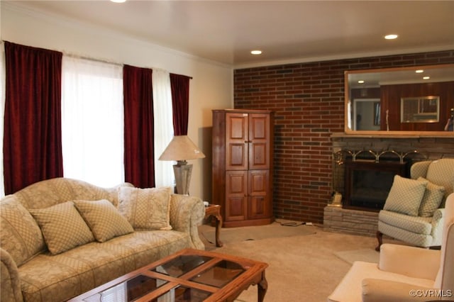 carpeted living area with plenty of natural light, recessed lighting, and a fireplace