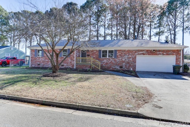 single story home featuring a front yard and a garage