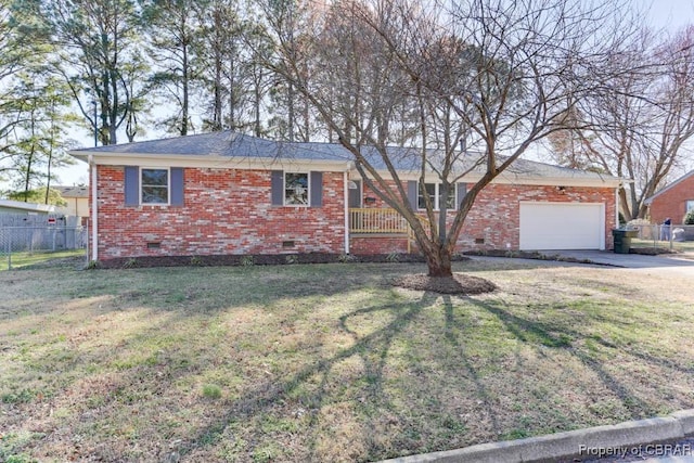 single story home featuring a front yard and a garage