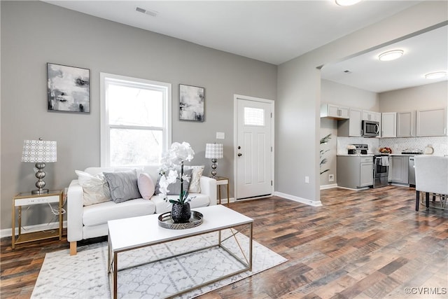 living room featuring a healthy amount of sunlight and dark hardwood / wood-style flooring