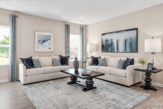 living room with hardwood / wood-style floors and a healthy amount of sunlight