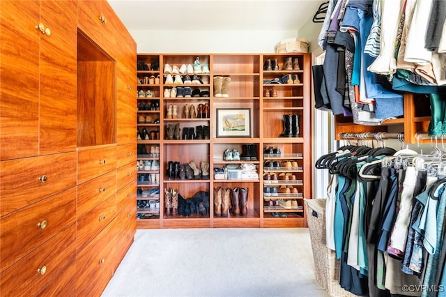 walk in closet with carpet