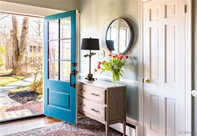 doorway with dark hardwood / wood-style flooring