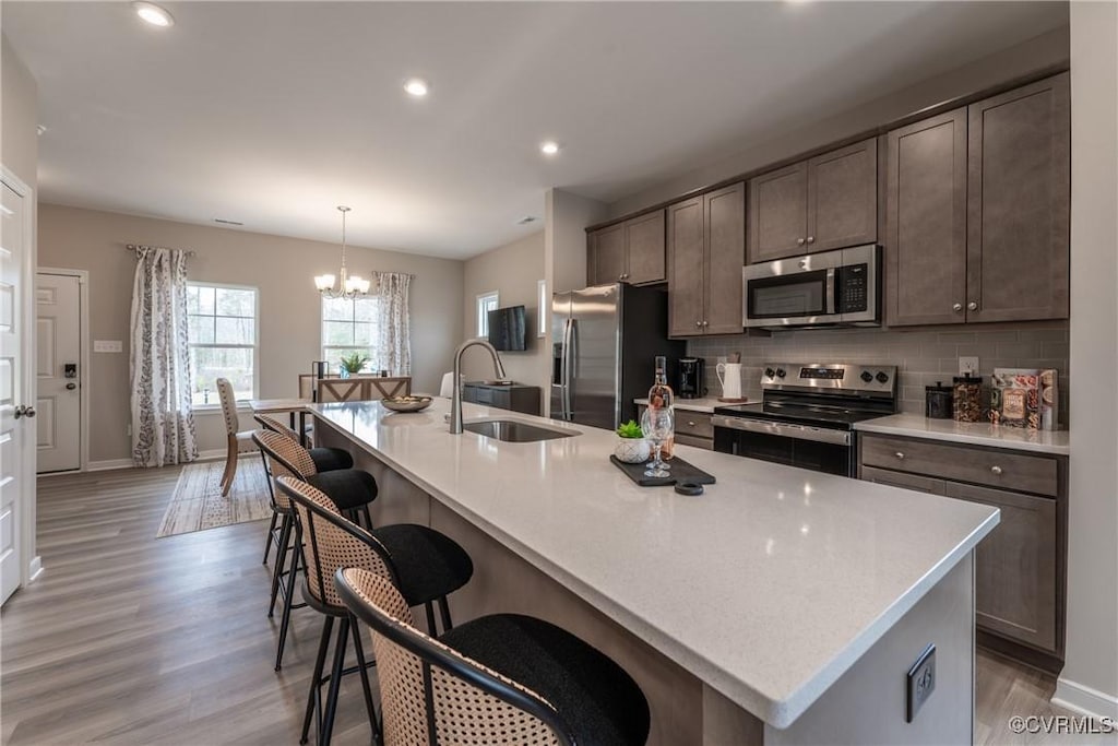 kitchen featuring stainless steel appliances, decorative light fixtures, decorative backsplash, sink, and a kitchen island with sink