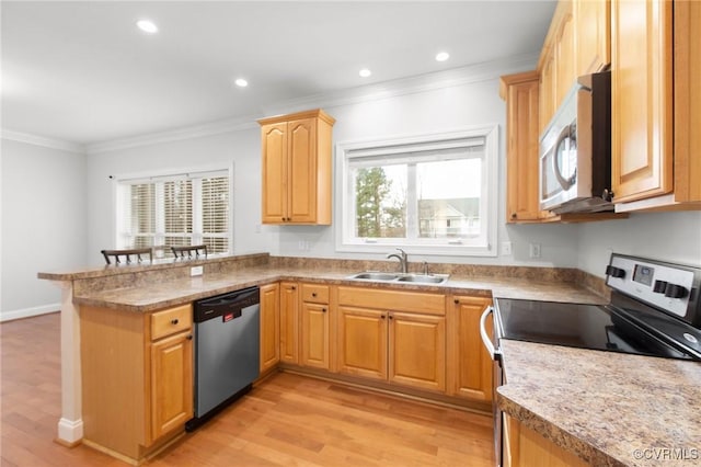 kitchen with kitchen peninsula, stainless steel appliances, light hardwood / wood-style flooring, sink, and ornamental molding