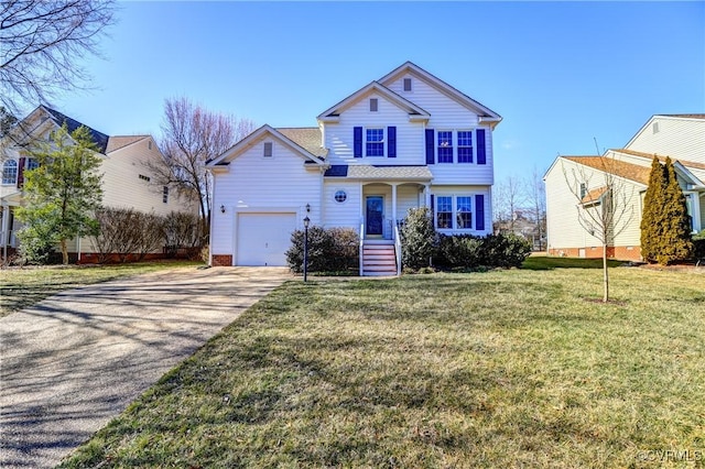 view of front of home featuring a garage, concrete driveway, and a front lawn